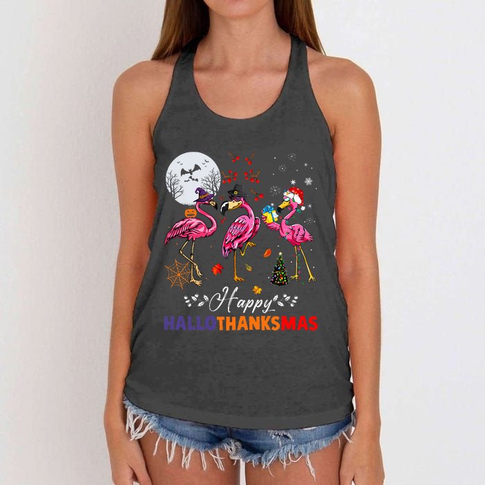 Flamingo Happy HalloThanksmas Funny Halloween Thanksgiving Women's Knotted Racerback Tank