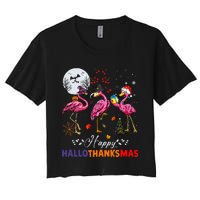 Flamingo Happy HalloThanksmas Funny Halloween Thanksgiving Women's Crop Top Tee