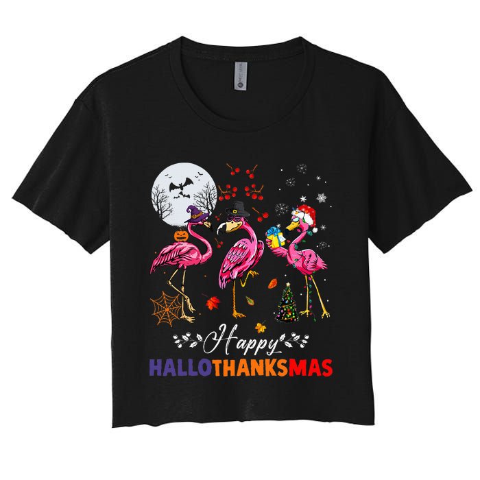 Flamingo Happy HalloThanksmas Funny Halloween Thanksgiving Women's Crop Top Tee