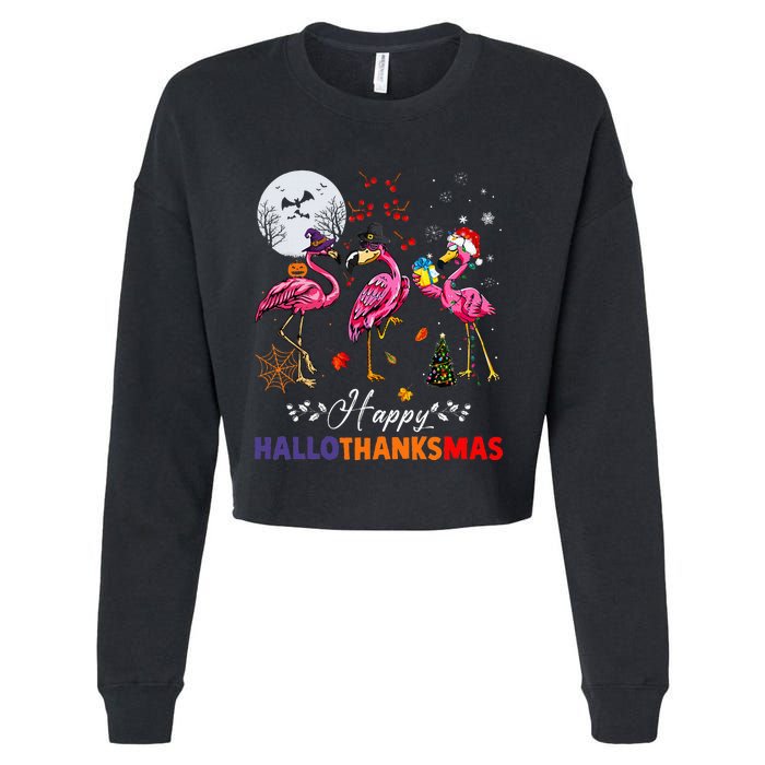 Flamingo Happy HalloThanksmas Funny Halloween Thanksgiving Cropped Pullover Crew