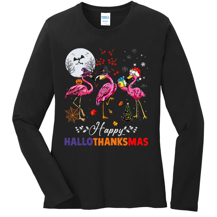 Flamingo Happy HalloThanksmas Funny Halloween Thanksgiving Ladies Long Sleeve Shirt