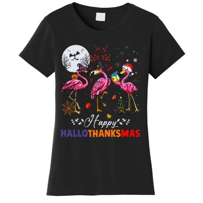 Flamingo Happy HalloThanksmas Funny Halloween Thanksgiving Women's T-Shirt