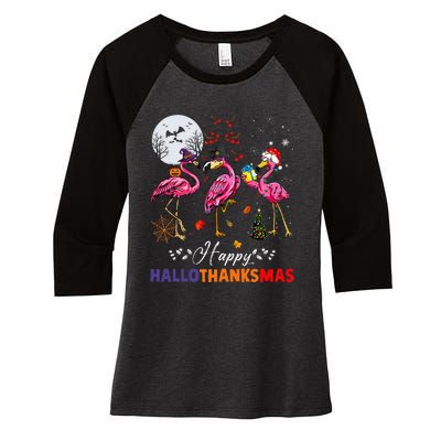 Flamingo Happy HalloThanksmas Funny Halloween Thanksgiving Women's Tri-Blend 3/4-Sleeve Raglan Shirt