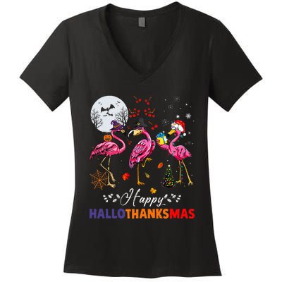 Flamingo Happy HalloThanksmas Funny Halloween Thanksgiving Women's V-Neck T-Shirt