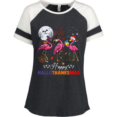 Flamingo Happy HalloThanksmas Funny Halloween Thanksgiving Enza Ladies Jersey Colorblock Tee