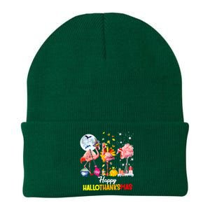 Flamingo Happy HalloThanksmas Funny Halloween Thanksgiving Knit Cap Winter Beanie