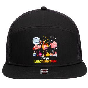 Flamingo Happy HalloThanksmas Funny Halloween Thanksgiving 7 Panel Mesh Trucker Snapback Hat