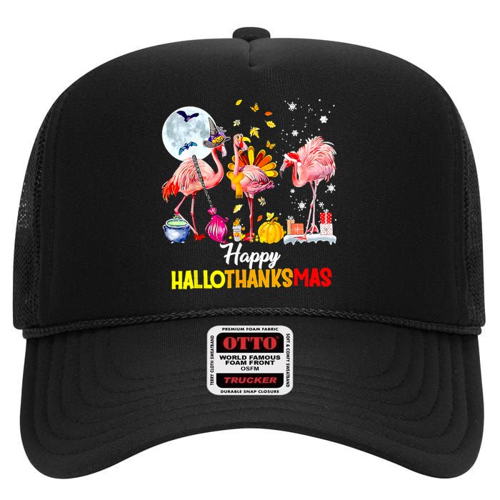 Flamingo Happy HalloThanksmas Funny Halloween Thanksgiving High Crown Mesh Back Trucker Hat