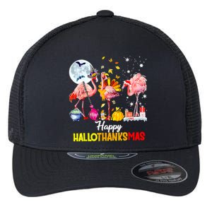 Flamingo Happy HalloThanksmas Funny Halloween Thanksgiving Flexfit Unipanel Trucker Cap