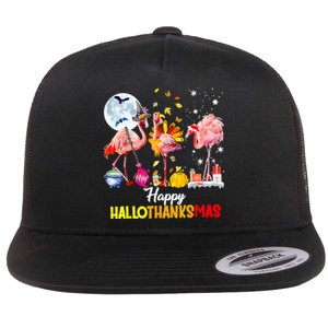 Flamingo Happy HalloThanksmas Funny Halloween Thanksgiving Flat Bill Trucker Hat