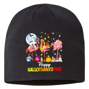 Flamingo Happy HalloThanksmas Funny Halloween Thanksgiving Sustainable Beanie