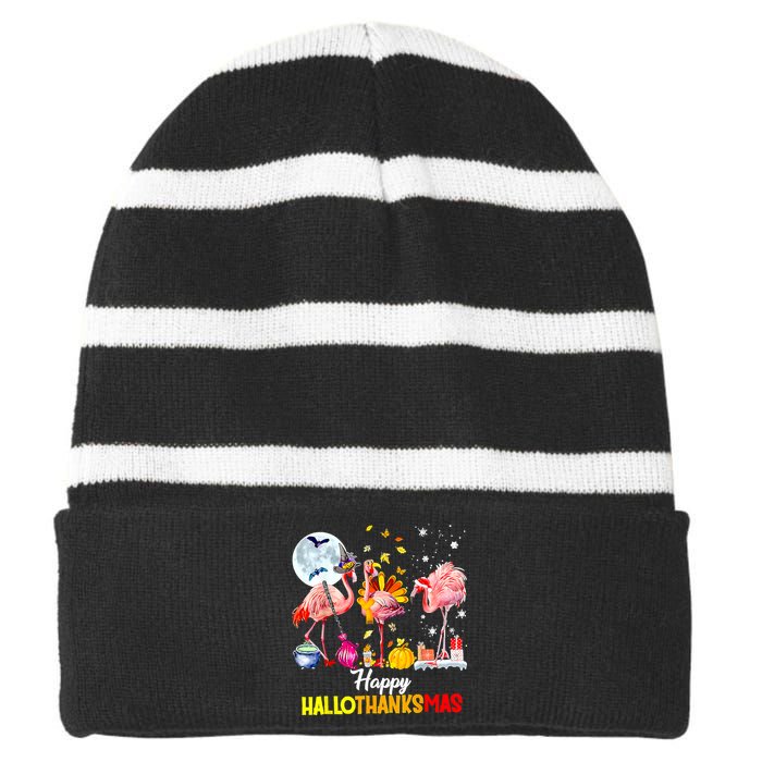 Flamingo Happy HalloThanksmas Funny Halloween Thanksgiving Striped Beanie with Solid Band