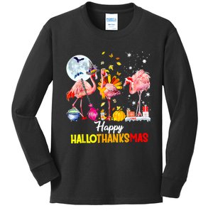 Flamingo Happy HalloThanksmas Funny Halloween Thanksgiving Kids Long Sleeve Shirt