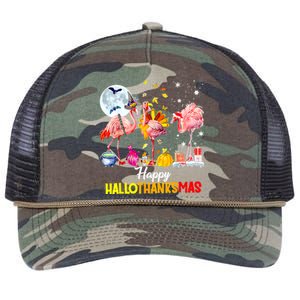 Flamingo Happy HalloThanksmas Funny Halloween Thanksgiving Retro Rope Trucker Hat Cap