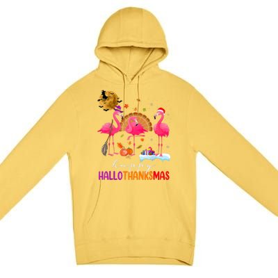 Flamingo Happy HalloThanksmas Funny Halloween Thanksgiving Premium Pullover Hoodie