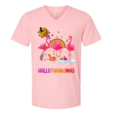 Flamingo Happy HalloThanksmas Funny Halloween Thanksgiving V-Neck T-Shirt