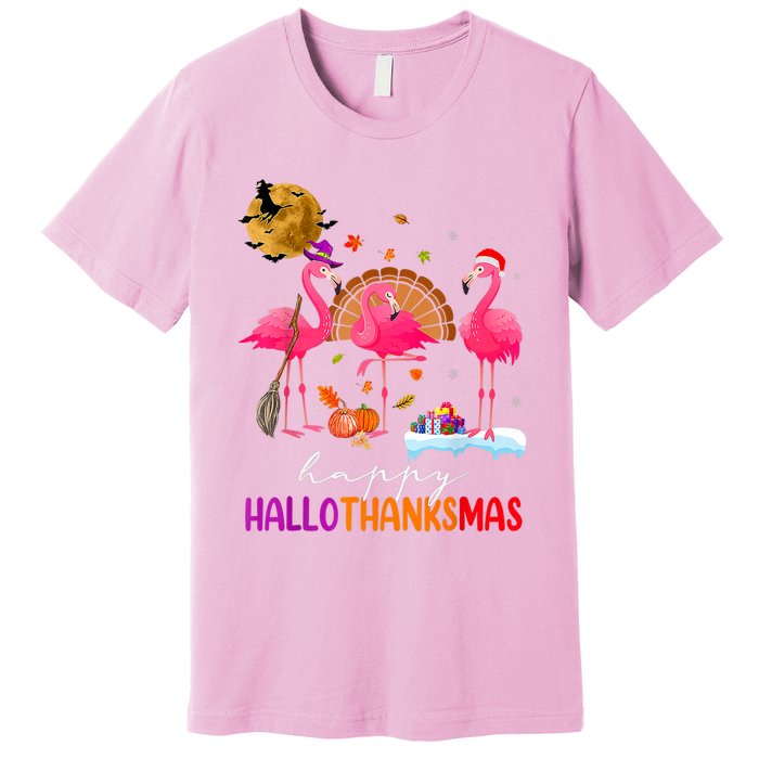 Flamingo Happy HalloThanksmas Funny Halloween Thanksgiving Premium T-Shirt