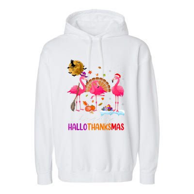 Flamingo Happy HalloThanksmas Funny Halloween Thanksgiving Garment-Dyed Fleece Hoodie