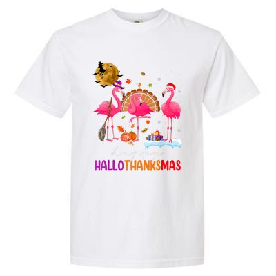 Flamingo Happy HalloThanksmas Funny Halloween Thanksgiving Garment-Dyed Heavyweight T-Shirt