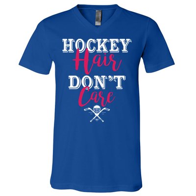 Funny Hockey Hair Dont Care Ice Hockey Player Mom Gift V-Neck T-Shirt