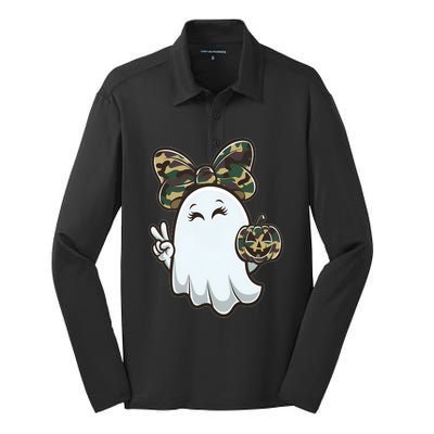 Funny Hello Hunting Season Halloween Camouflage Camo Ghost Silk Touch Performance Long Sleeve Polo