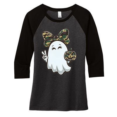 Funny Hello Hunting Season Halloween Camouflage Camo Ghost Women's Tri-Blend 3/4-Sleeve Raglan Shirt