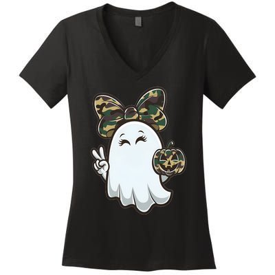 Funny Hello Hunting Season Halloween Camouflage Camo Ghost Women's V-Neck T-Shirt