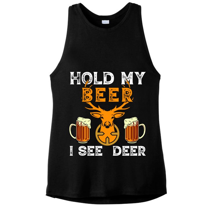 Funny Hunting Hold My Beer I See A Deer Ladies PosiCharge Tri-Blend Wicking Tank