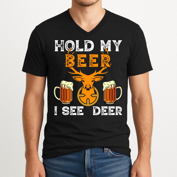 Funny Hunting Hold My Beer I See A Deer V-Neck T-Shirt
