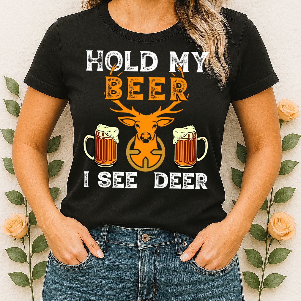 Funny Hunting Hold My Beer I See A Deer Womens T-Shirt