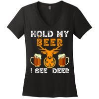 Funny Hunting Hold My Beer I See A Deer Women's V-Neck T-Shirt
