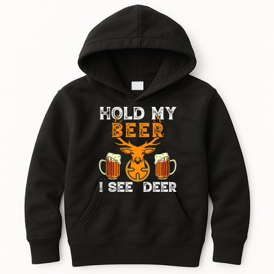 Funny Hunting Hold My Beer I See A Deer Kids Hoodie