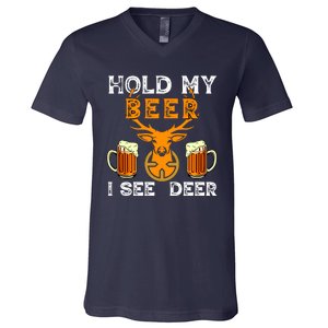 Funny Hunting Hold My Beer I See A Deer V-Neck T-Shirt