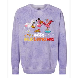 Flamingo Happy Hallothanksmas Halloween Thanksgiving Xmas Colorblast Crewneck Sweatshirt