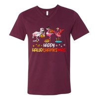 Flamingo Happy Hallothanksmas Halloween Thanksgiving Xmas V-Neck T-Shirt