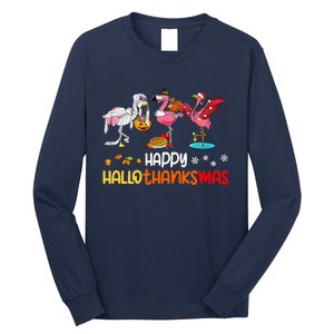 Flamingo Happy Hallothanksmas Halloween Thanksgiving Xmas Long Sleeve Shirt