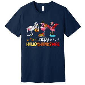 Flamingo Happy Hallothanksmas Halloween Thanksgiving Xmas Premium T-Shirt