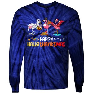 Flamingo Happy Hallothanksmas Halloween Thanksgiving Xmas Tie-Dye Long Sleeve Shirt