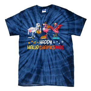 Flamingo Happy Hallothanksmas Halloween Thanksgiving Xmas Tie-Dye T-Shirt