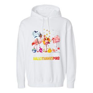 Flamingo Happy HalloThanksmas Funny Halloween Thanksgiving Garment-Dyed Fleece Hoodie