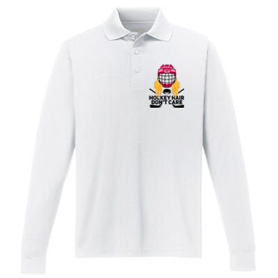 Funny Hockey Hair Don't Care Ice Hockey Girl Player Goalie Performance Long Sleeve Polo