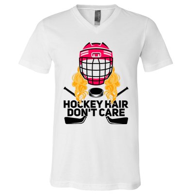 Funny Hockey Hair Don't Care Ice Hockey Girl Player Goalie V-Neck T-Shirt