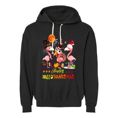 Flamingo Happy HalloThanksMas Halloween Thanksgiving Garment-Dyed Fleece Hoodie