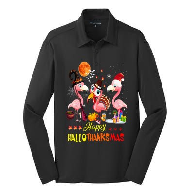 Flamingo Happy HalloThanksMas Halloween Thanksgiving Silk Touch Performance Long Sleeve Polo