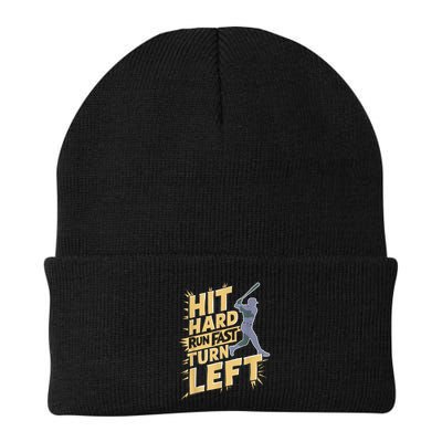 Funny Hit Hard Run Fast Turn Left Baseball Player Fan Gift Knit Cap Winter Beanie