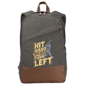 Funny Hit Hard Run Fast Turn Left Baseball Player Fan Gift Cotton Canvas Backpack