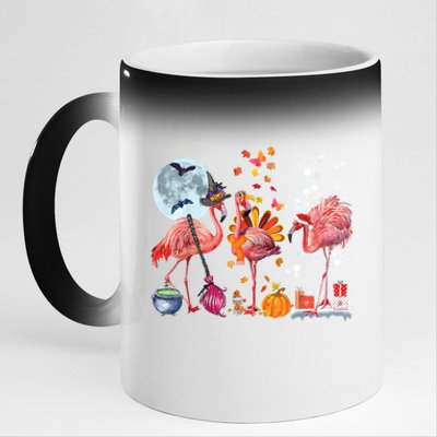 Flamingo Happy HalloThanksmas Funny Halloween Thanksgiving Christmas 11oz Black Color Changing Mug