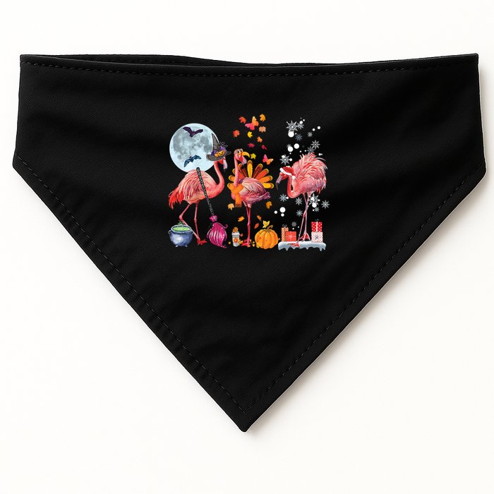 Flamingo Happy HalloThanksmas Funny Halloween Thanksgiving Christmas USA-Made Doggie Bandana