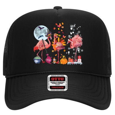 Flamingo Happy HalloThanksmas Funny Halloween Thanksgiving Christmas High Crown Mesh Back Trucker Hat