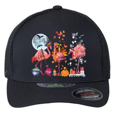 Flamingo Happy HalloThanksmas Funny Halloween Thanksgiving Christmas Flexfit Unipanel Trucker Cap